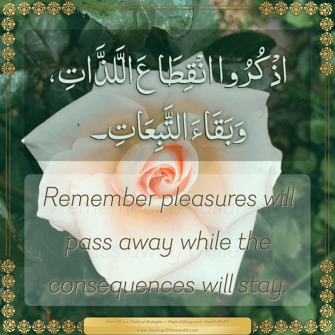 Remember pleasures will pass away while the consequences will stay.